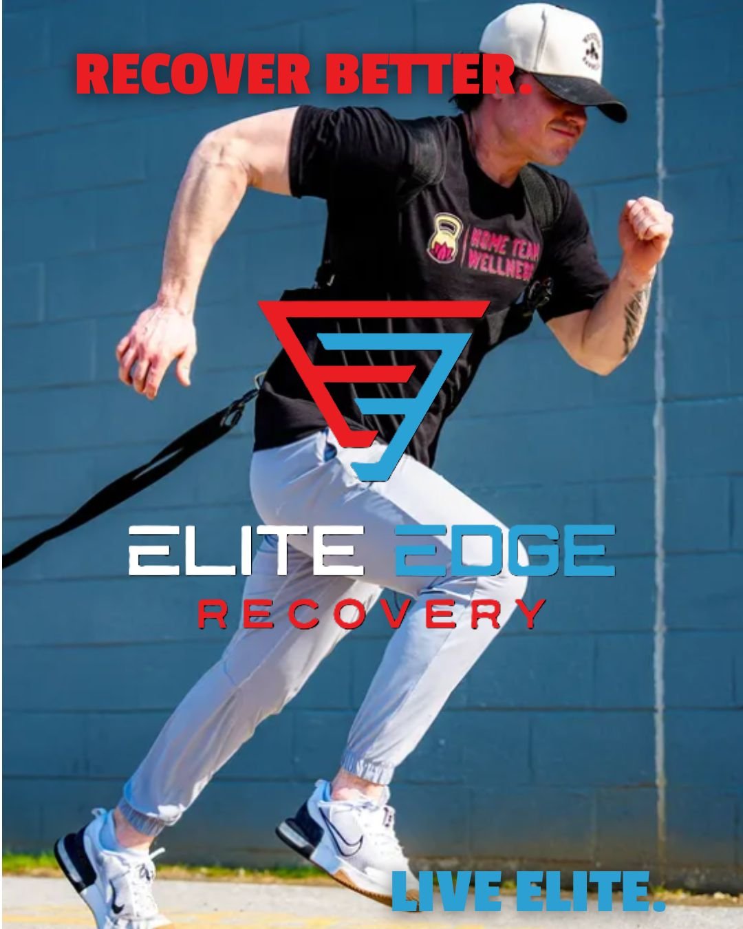 An ad for Elite Edge Recovery featuring a personal trainer that attends the studio located around Malvern, Exton, Downingtown, and West Chester, PA 