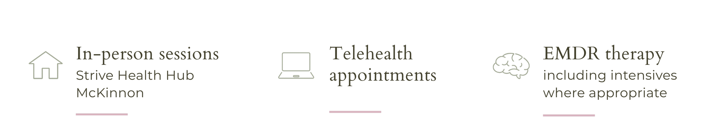 Psychology services including in-person sessions at Strive Health Hub in McKinnon, telehealth psychology appointments, and EMDR therapy including intensive sessions where appropriate.