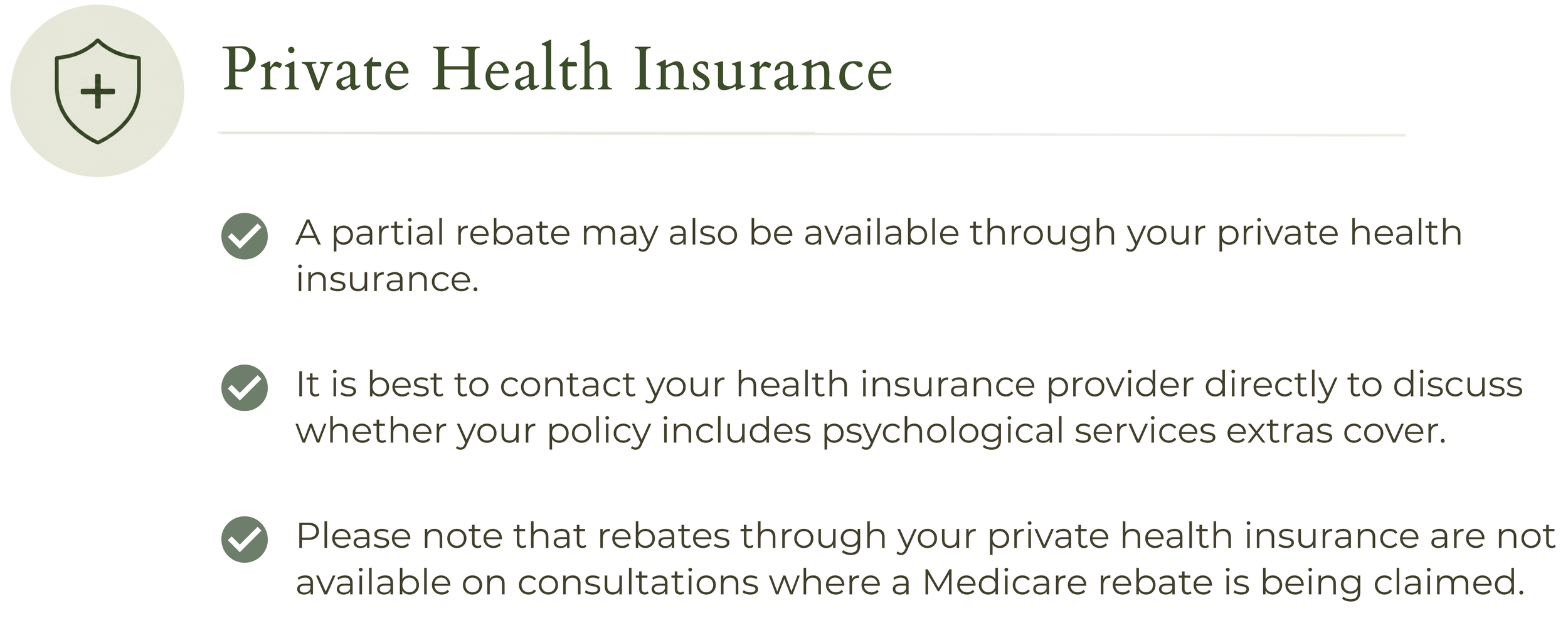 Private health insurance rebates for psychology sessions may be available depending on your extras cover, with eligibility and rebate amounts determined by your health insurance provider.