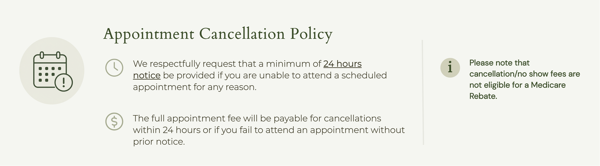 Psychology appointment cancellation policy requiring at least 24 hours’ notice, with the full session fee applying to late cancellations or missed appointments.