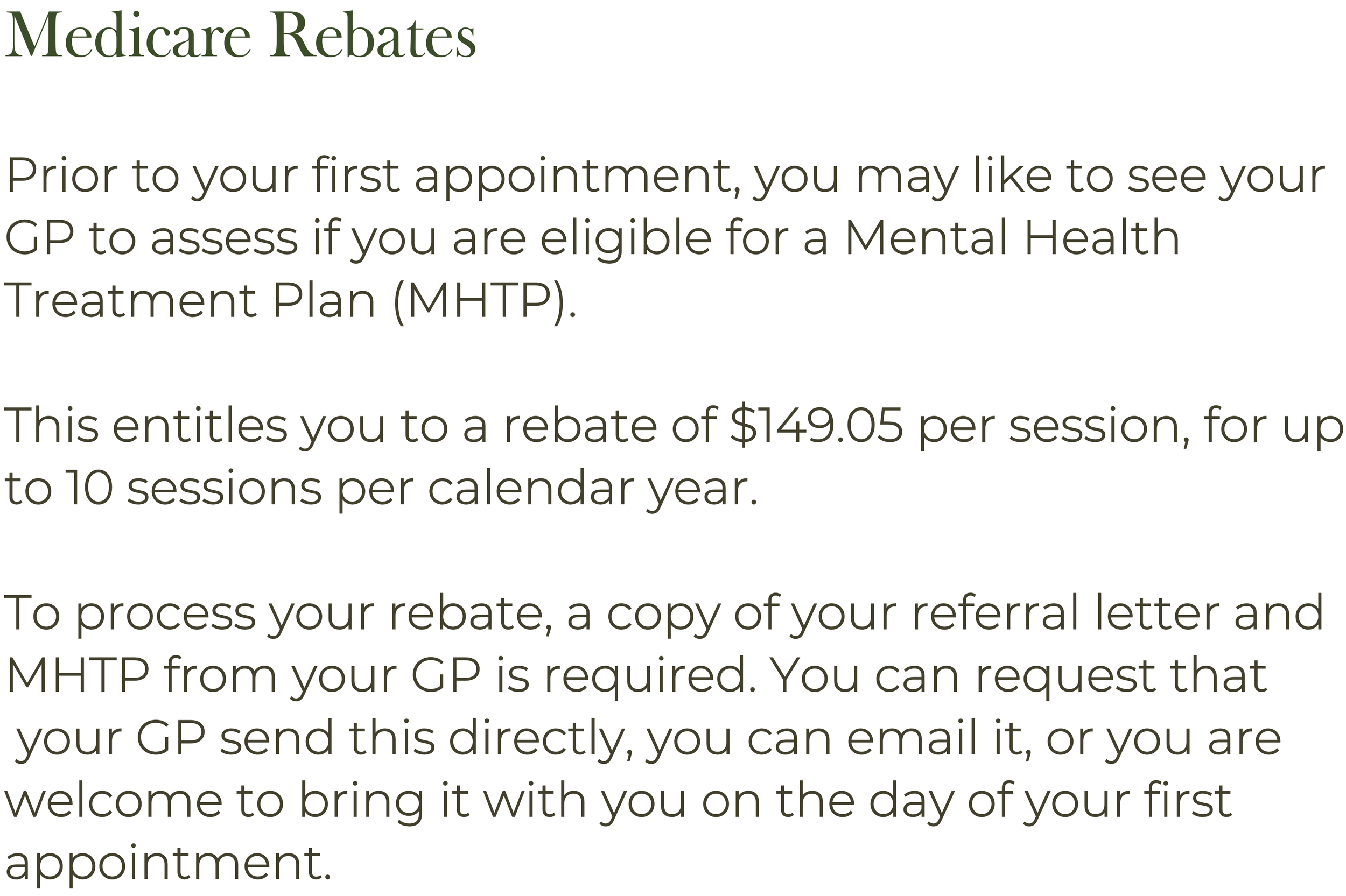 Medicare rebates for psychology sessions with a Mental Health Treatment Plan, including GP referral requirements and information about claiming eligible psychology rebates.