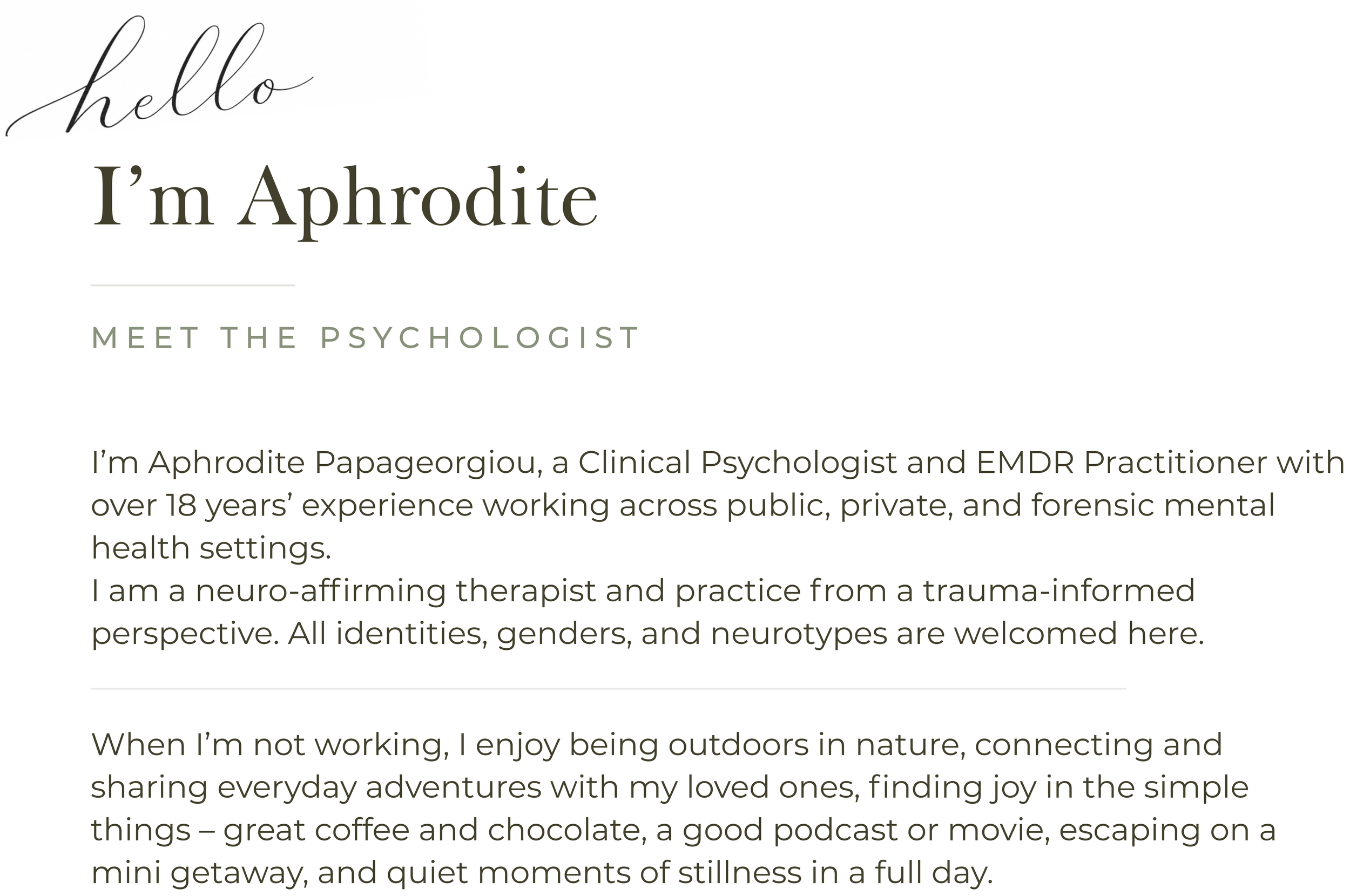 Meet Aphrodite Papageorgiou, Clinical Psychologist and EMDR practitioner with over 18 years’ experience providing trauma-informed and neuro-affirming psychological support.