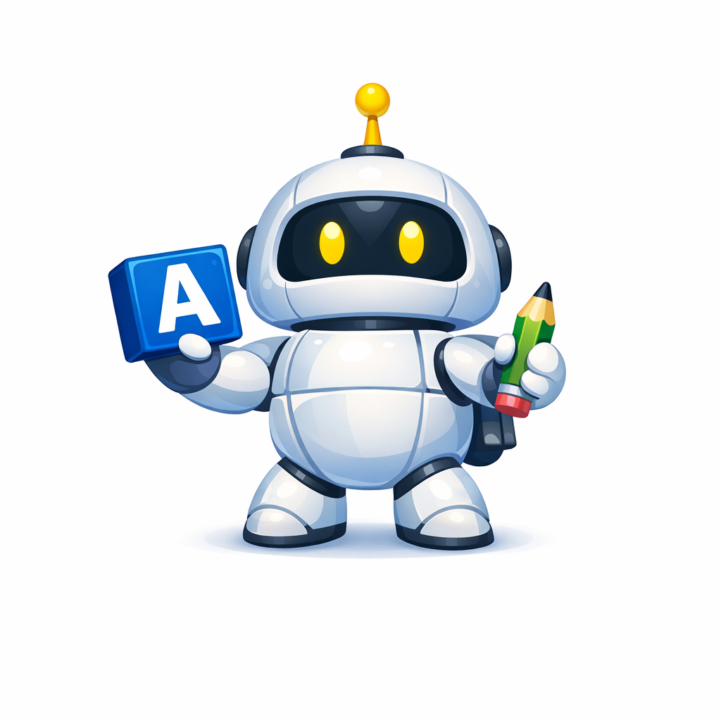 A cute robot holding a blue cube with the letter 'A' and a green pencil.