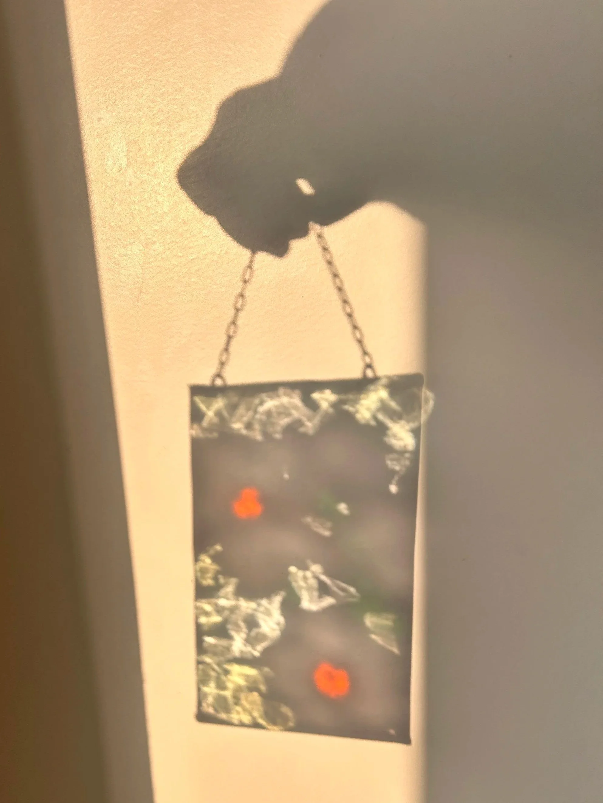 Schaduw van een glas in lood werk tegen een muur.