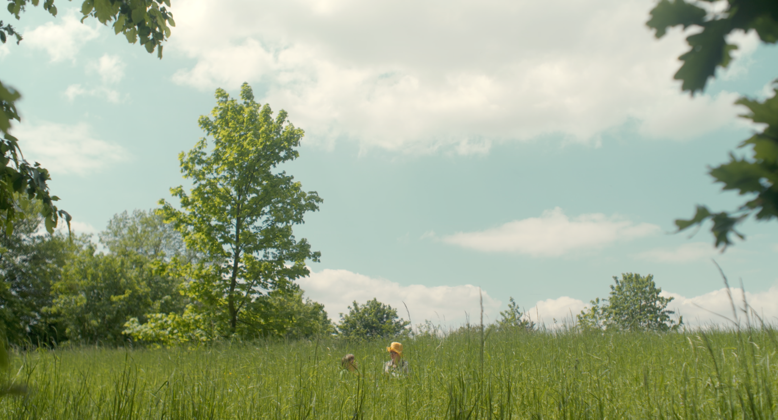 Blick auf eine grüne Wiese mit zwei Kindern in Sonnenhüten, umgeben von Bäumen unter einem Himmel mit Wolken.