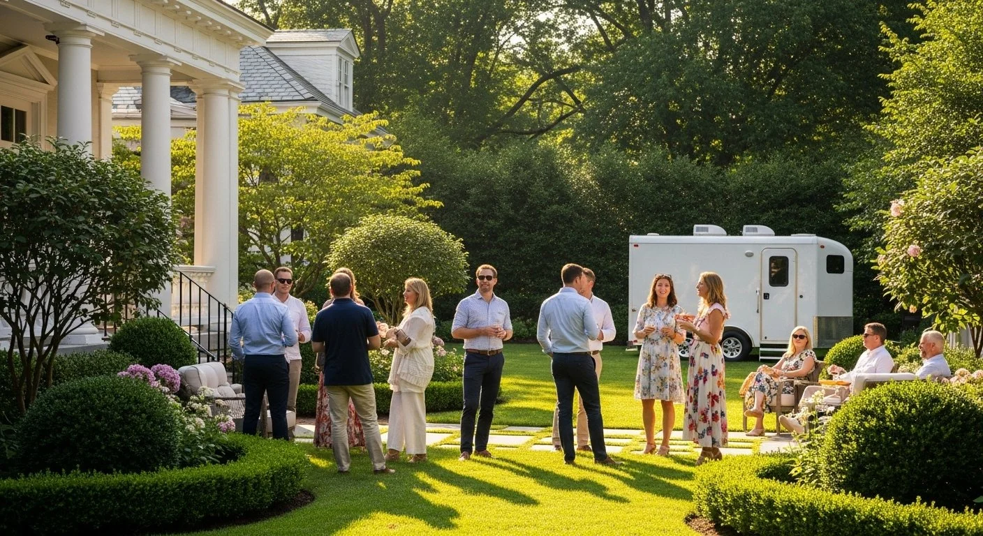 People socializing at an outdoor garden party with a large white house, lush greenery, and a white trailer in the background.