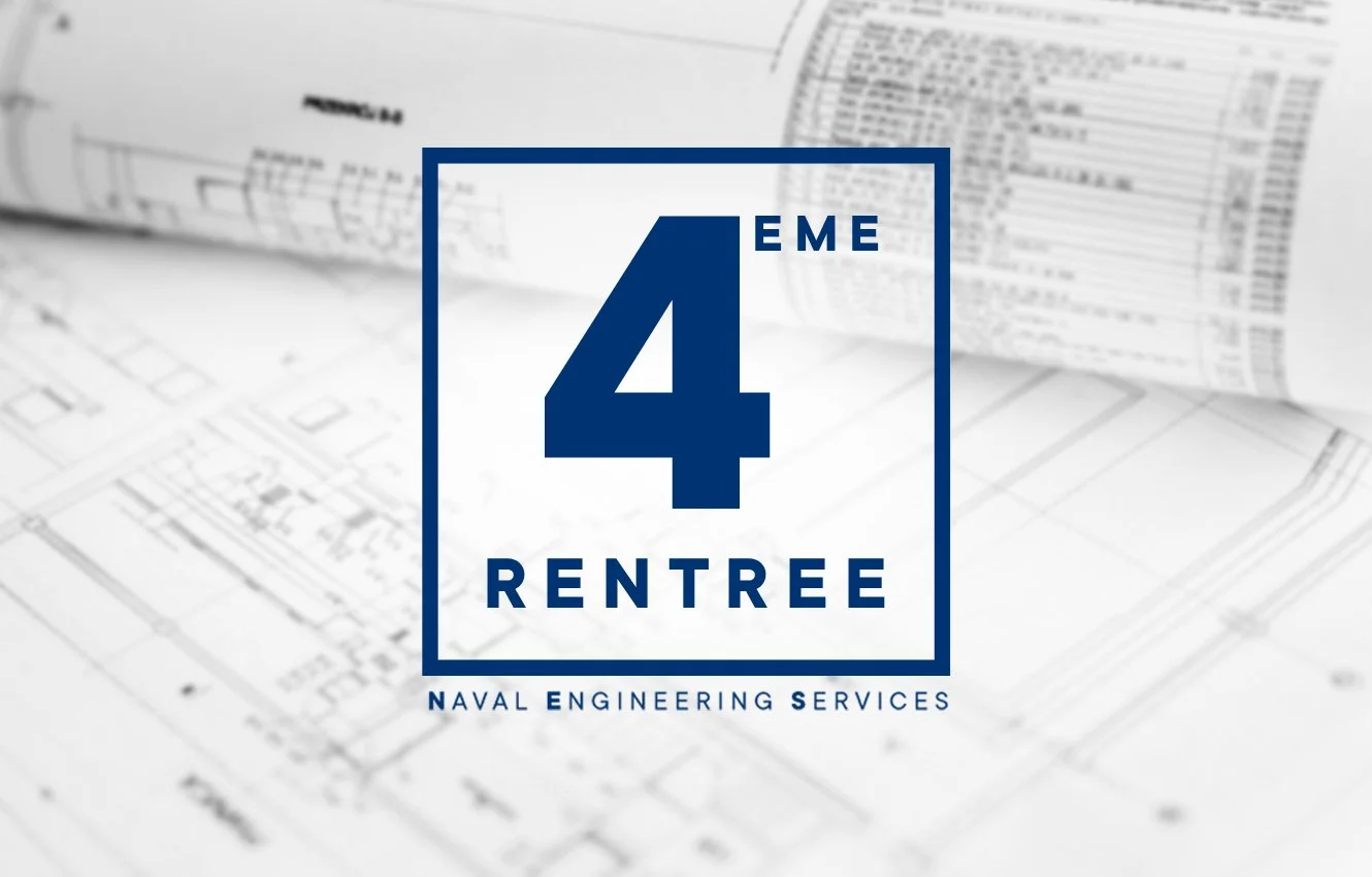 Card commemorating Naval Engineering Services' fourth anniversary, featuring manufacturing blueprints in the background.