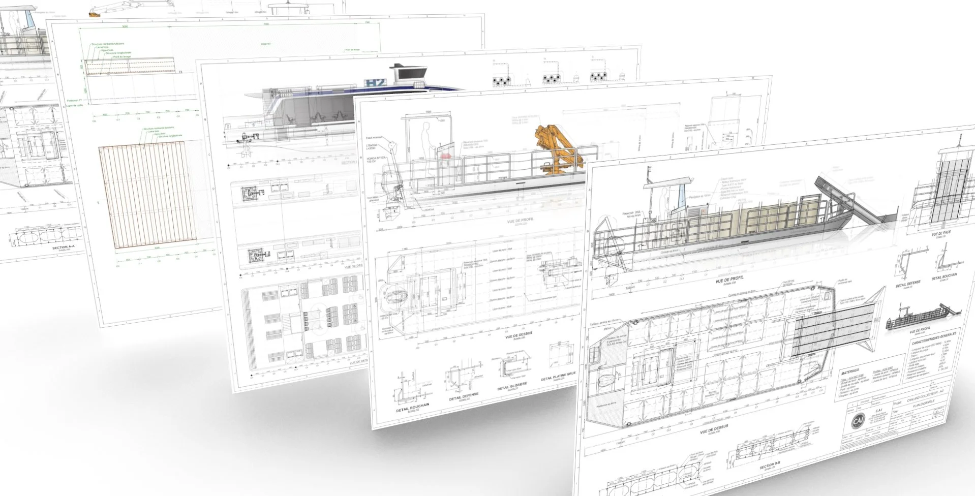 A set of general arrangement drawings for workboats (oyster barges, passenger vessels, hydrogen-powered vessels, etc.) detailing architectural features, major equipment, and key structural data.