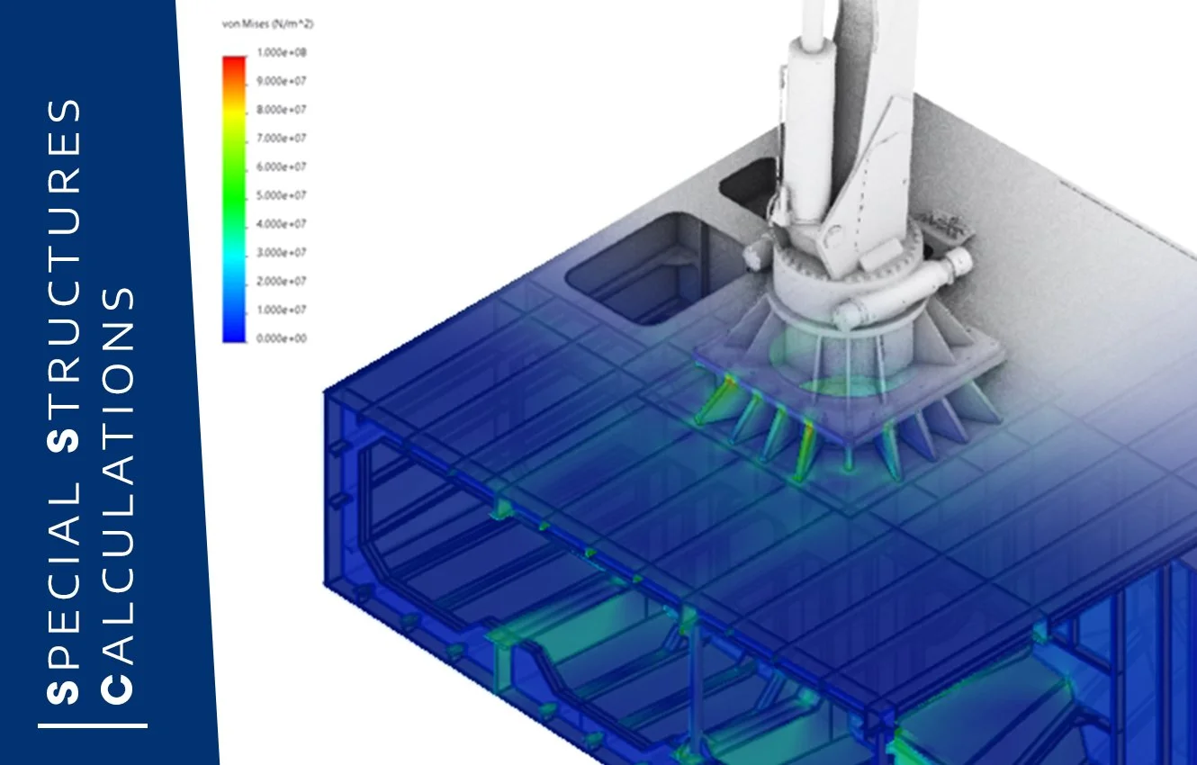 Finite element simulation results showing the stress distribution in a complex mechanical structure. Analysis of a crane support for a 22-meter buoy marker.