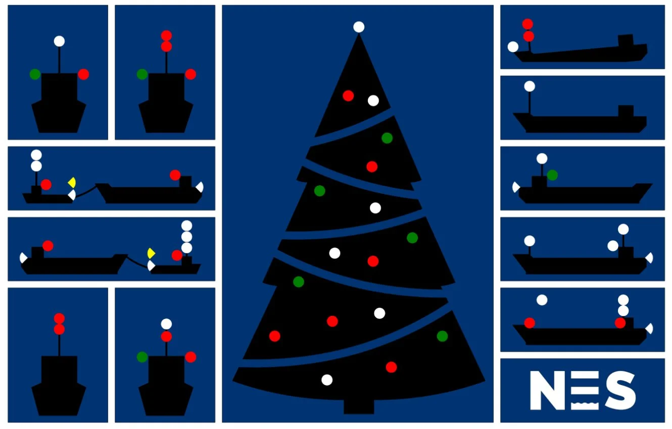 New Year's card featuring a Christmas tree decorated in the colors of Naval Engineering Services.