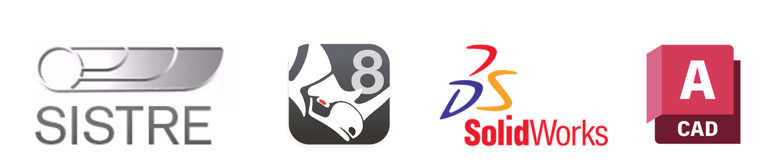 Logos of the various software programs used for design studies: MAAT CIRCE, Rhinoceros 7, SolidWorks 3D, AutoCAD