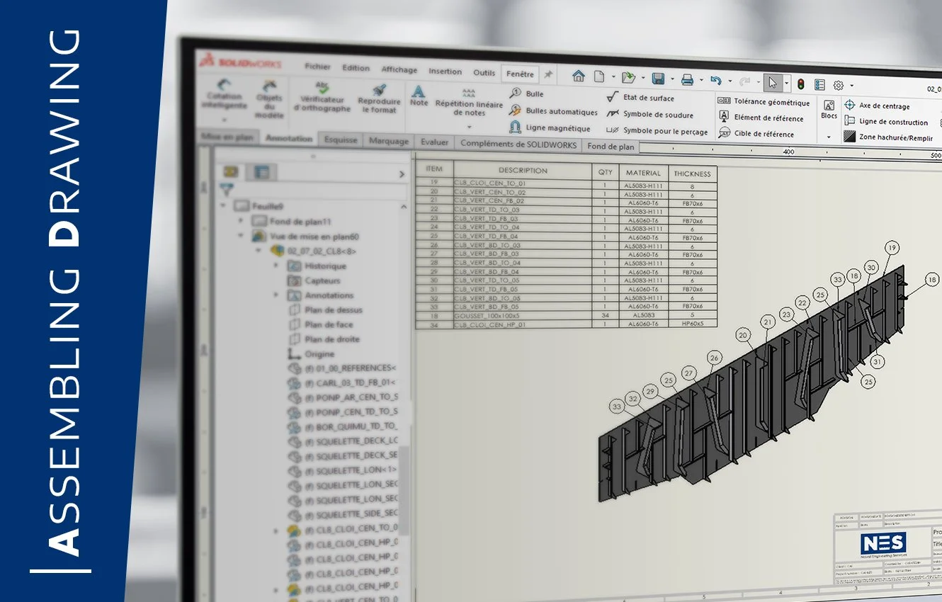Screenshot of the SolidWorks computer-aided design software showing a 3D model of a 22-meter buoy tender and a parts list.