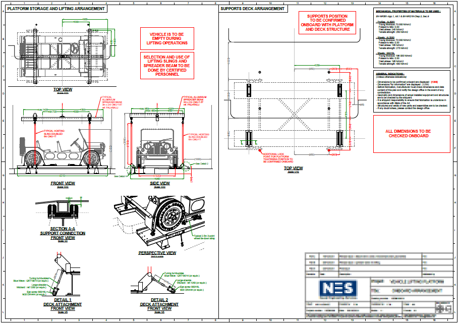 Detailed technical drawing of a vehicle lifting platform for loading a vehicle onto a 50-meter yacht. This drawing was produced following structural and manufacturing studies.
