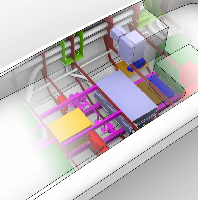 View of a 3D model showing the main propulsion system components on a hydrogen-powered pleasure craft: model used for space allocation.