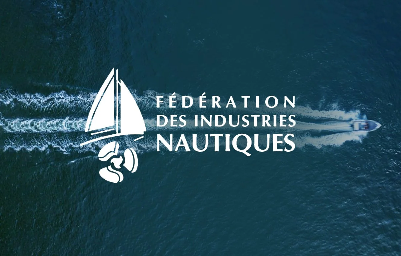 Logo of the French Marine Industries Federation (FIN) against a background of a ship sailing, viewed from above.