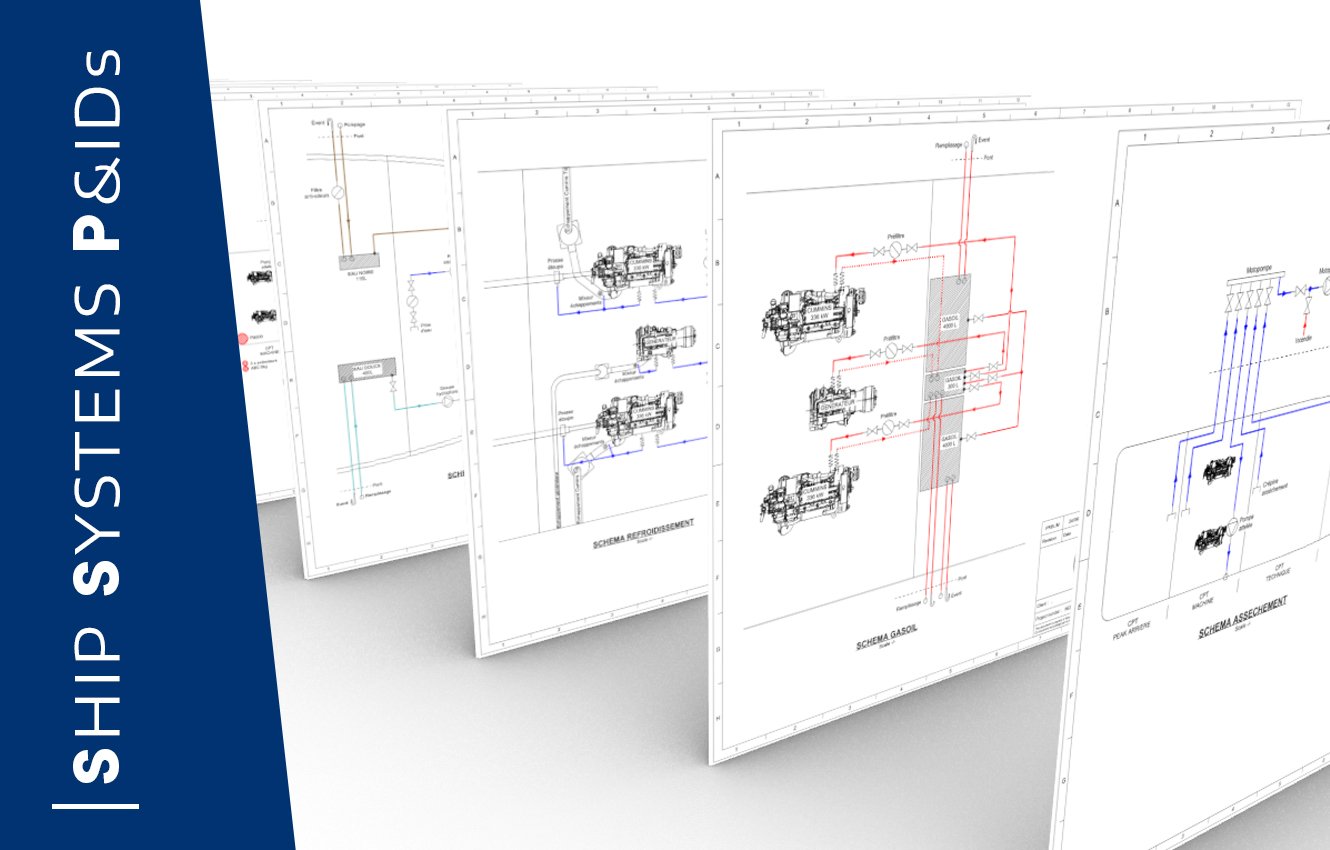 A set of drawings and system diagrams detailing the ship’s main systems: fuel oil, cooling, bilge pumping, fire protection, etc. 