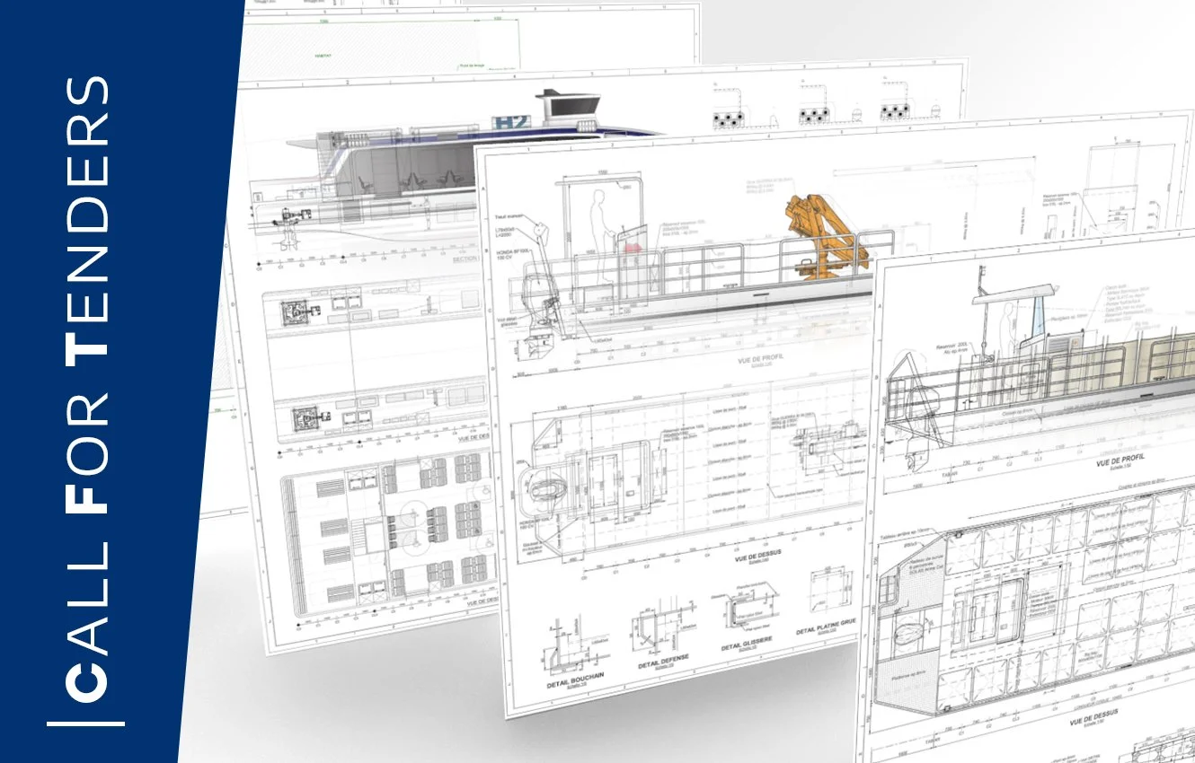 Technical assembly drawings illustrating the overall architecture of commercial vessels, the integration of their equipment, and structural details. These drawings are used, in particular, for responding to requests for proposals; oyster farming projects / passenger vessels.