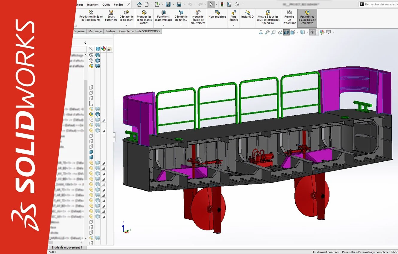 Screenshot of computer-aided design software (in this case, SolidWorks) showing equipment integration studies for a workboat: a 22-meter buoy tender