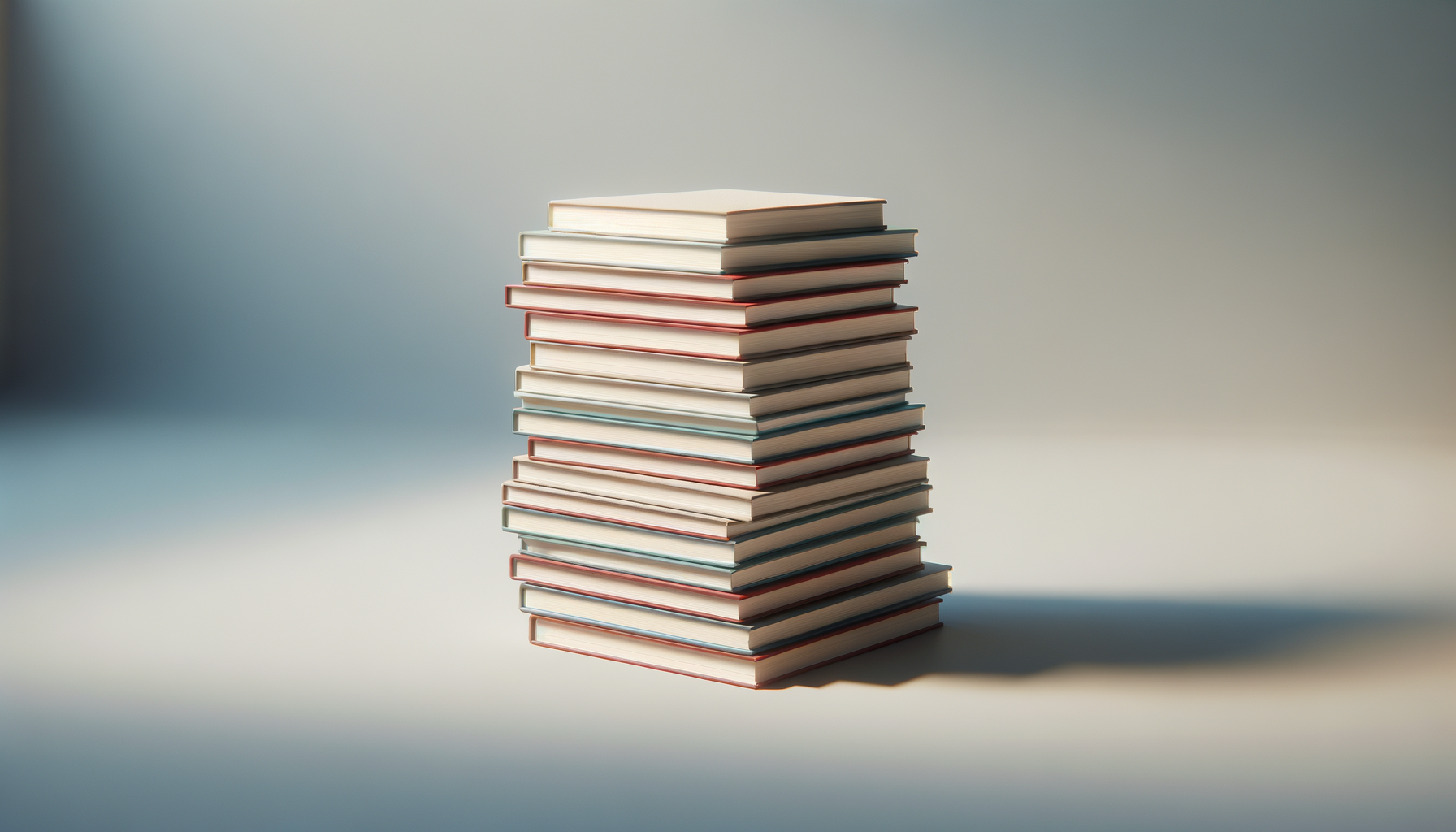 A tall stack of hardcover books on a light gray surface, with a blurred gradient background.