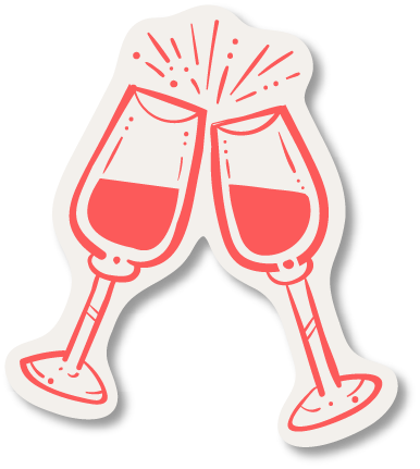 Line illustration of two glasses of champagne clinking together in a celebration.