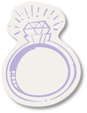 Line illustration of a diamond engagement ring with a large diamond on top.