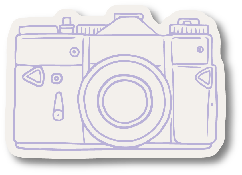 Line drawing of a camera in purple outline on a white background.