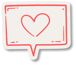 A speech bubble with a heart inside, drawn in red outline on a white background.