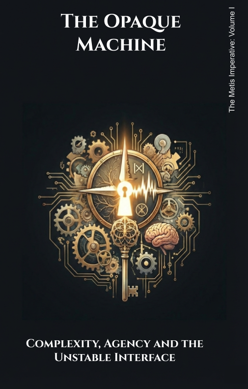 Cover of a book titled 'The Opaque Machine' with a subtitle 'Complexity, Agency and the Unstable Interface.' The cover features a digital illustration of a clock with gears, connecting circuits, a brain, and a brain, all surrounding a central keyhole with light emanating from it, symbolizing complexity, technology, and cognition.