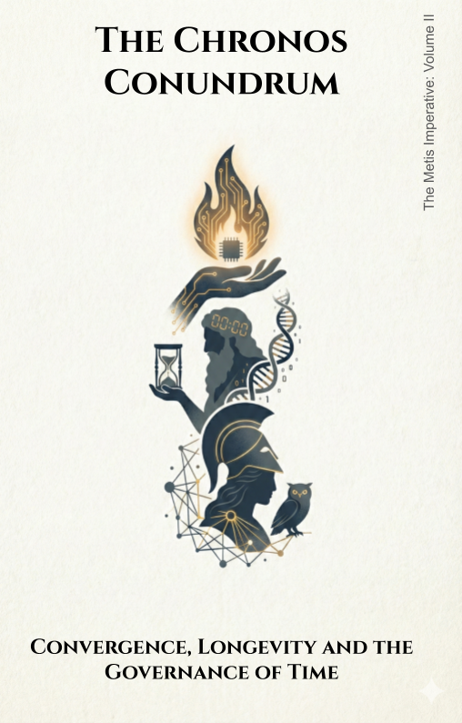 Book cover titled 'The Chronos Conundrum: Convergence, Longevity and the Governance of Time' with illustrations of a hand holding a flame, a DNA double helix, a clock, a human profile with a globe and constellation, and an owl.