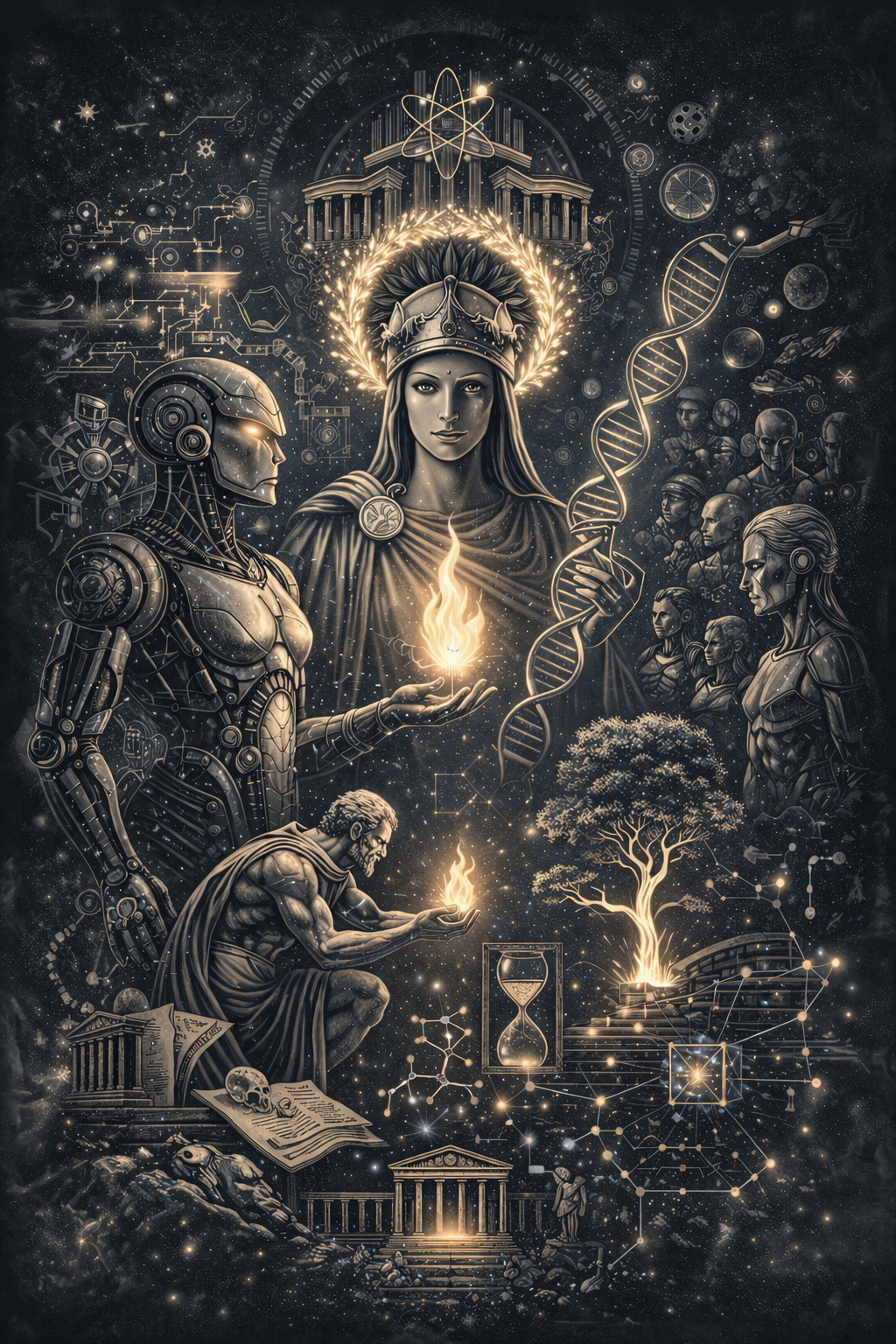 A digital artwork depicting a futuristic and mythological scene with a female figure wearing a crown and a halo, holding a glowing flame, surrounded by robotic and human figures, DNA double helix, scientific symbols, and ancient architecture.