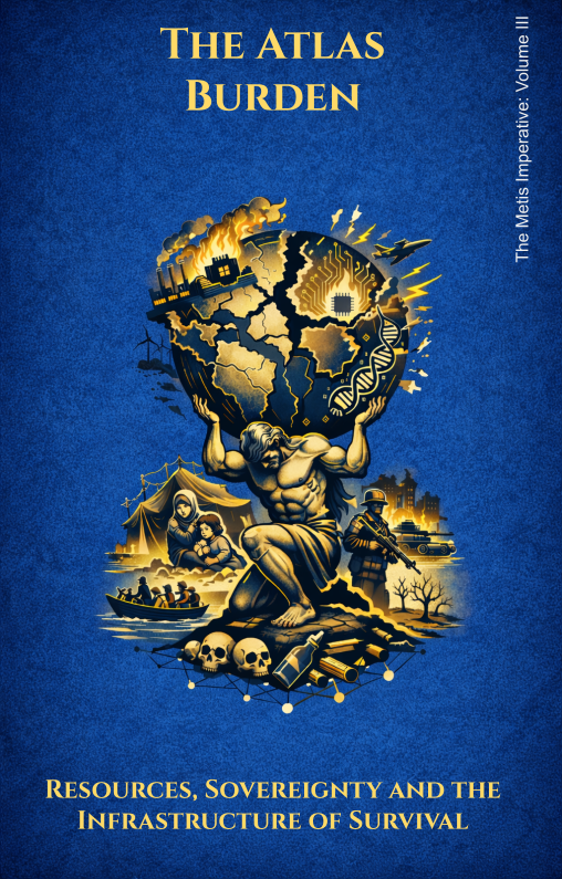 Cover of a book titled 'The Atlas Burden' with illustrations of a muscular man holding a globe, depicting industrial activity, a DNA strand, military personnel, a family in a tent, a boat, and skulls, symbolizing resource depletion and societal struggles.