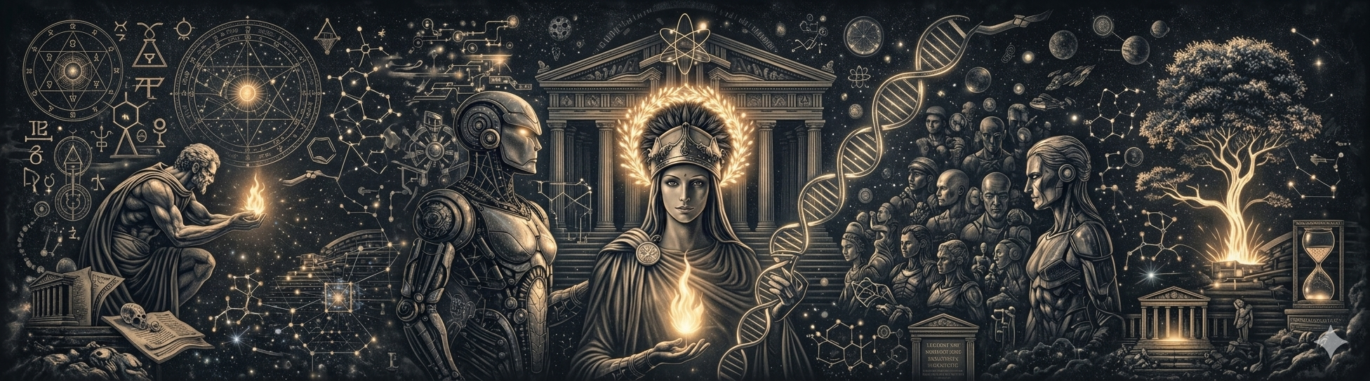 A digital illustration depicting a blend of science, technology, and ancient mythology themes. Central is a woman with a crown, holding a flame, surrounded by DNA helix, scientific symbols, a robot, and ancient Greek architecture. The background features stars, constellations, and various scientific and mystical diagrams.