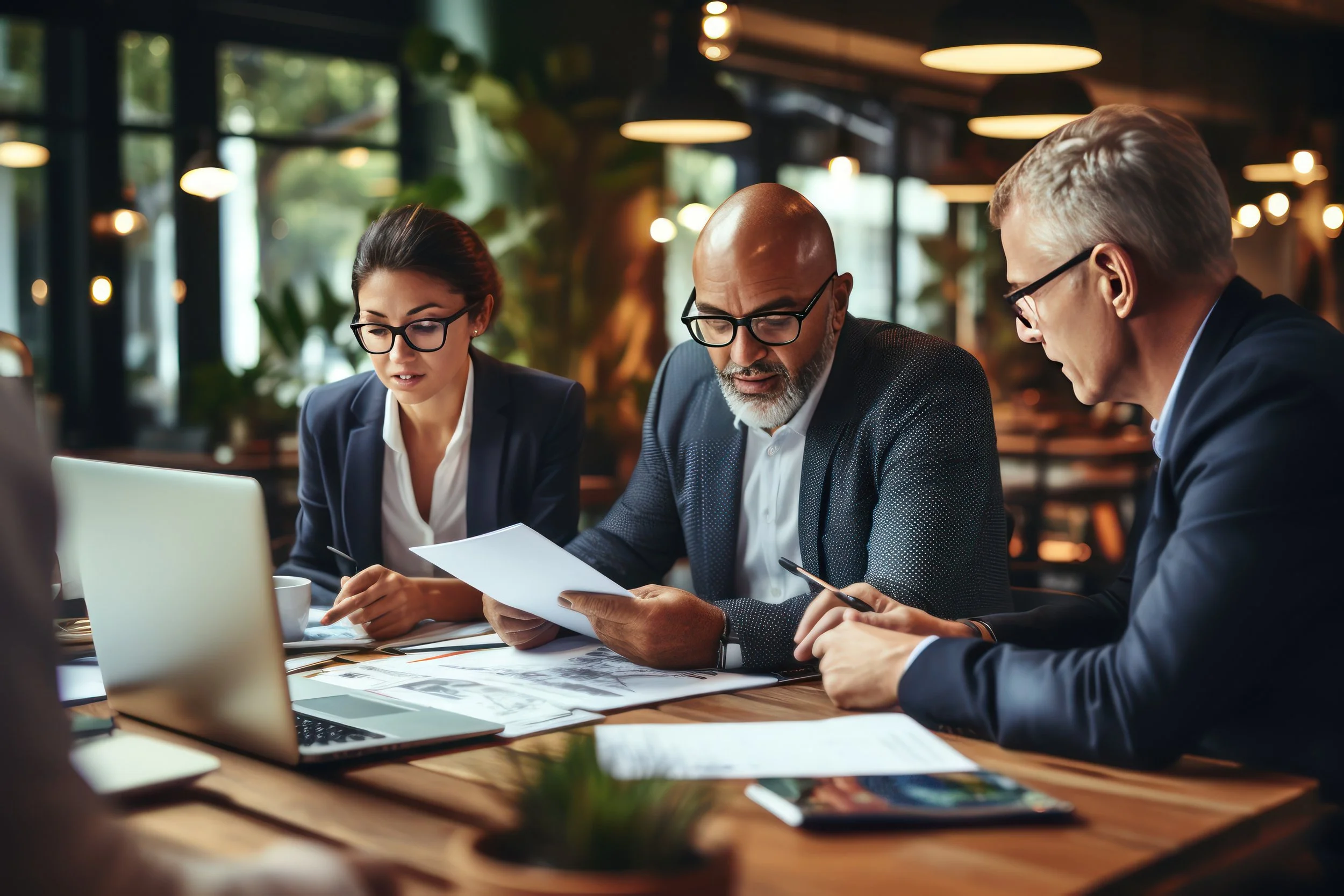 Three business professionals are sitting at a table in a modern, well-lit cafe or restaurant, engaged in a discussion with documents, laptops, and a smartphone on the table.
