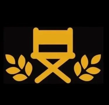 A black background with a yellow logo featuring a stylized forklift and laurel branches.