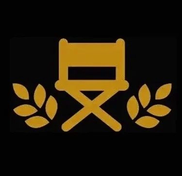 A logo featuring a yellow director's chair with laurel branches on either side on a black background.