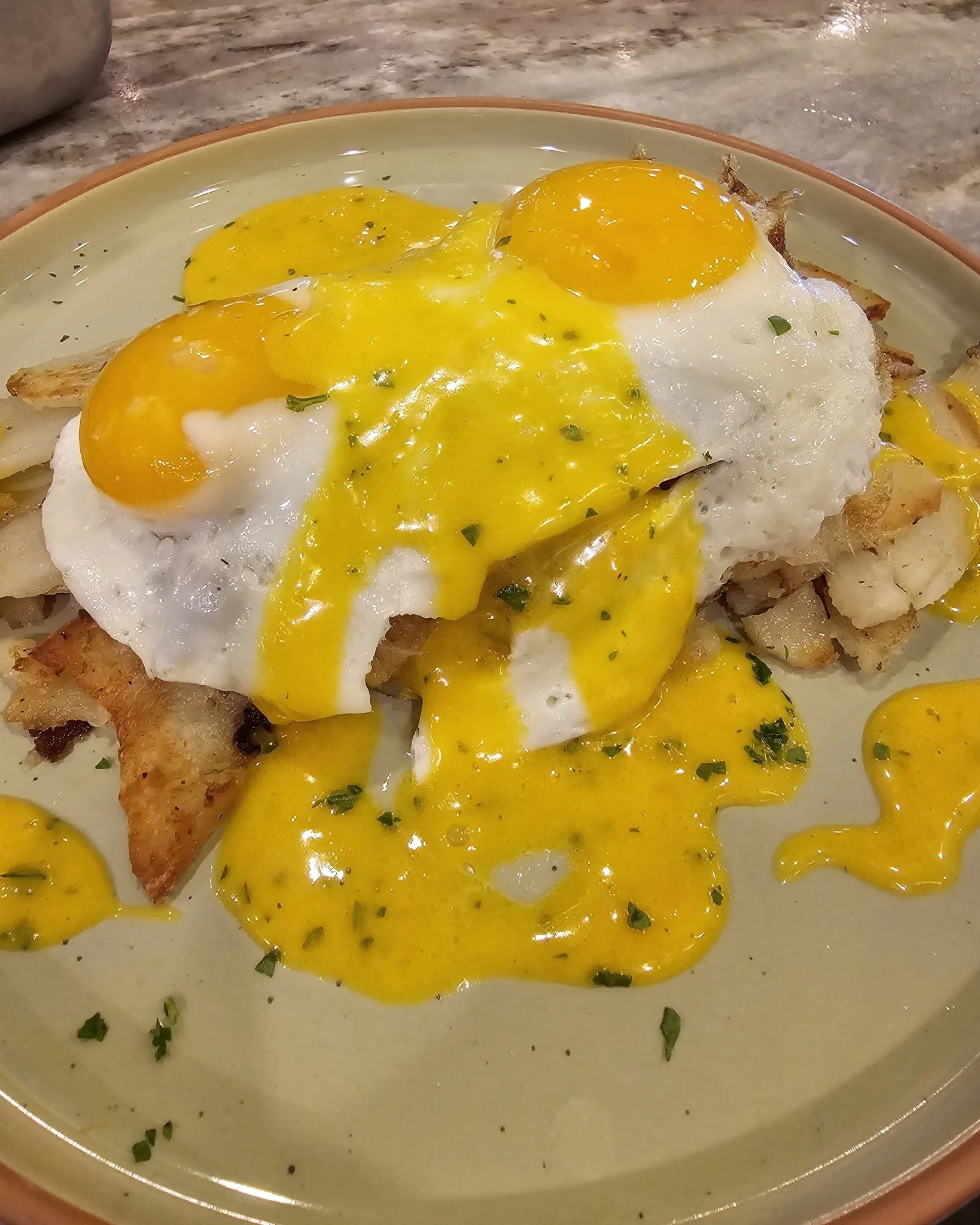 Hi, we are open Tuesday-Sunday 7 a.m. to 3 p.m. Stop by for the Crab Cake Benny! Pan-seared, hand-formed lump crab cakes set on a bed of sliced herb breakfast potatoes, two farm-fresh eggs, topped with savory lemon hollandaise! #hollandaise #breakfas