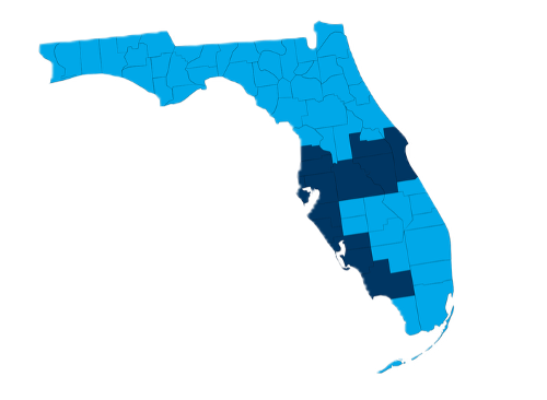 Color-coded map of Florida showing different regions in varying shades of blue.
