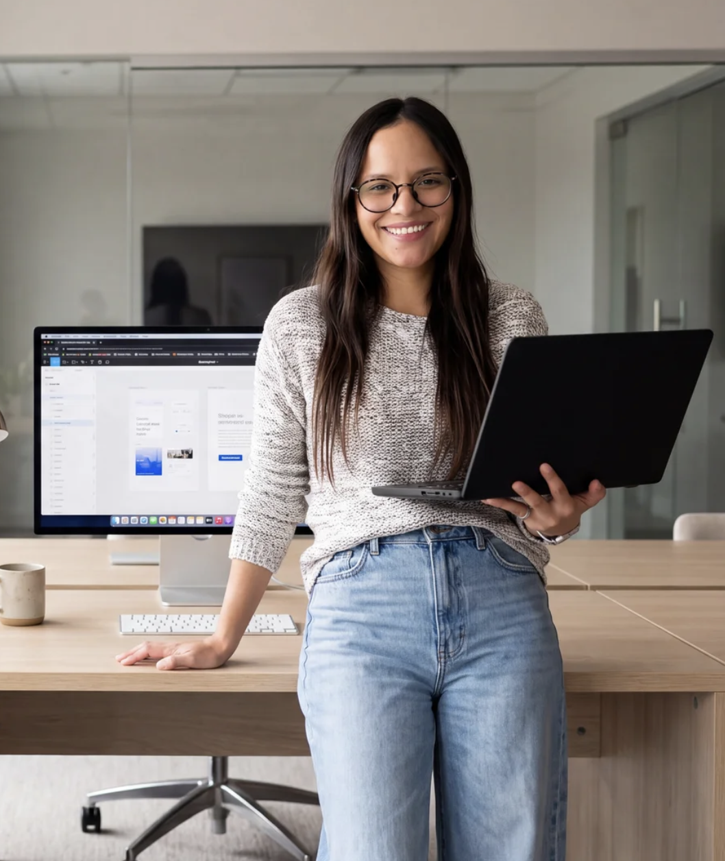 A woman with long dark hair and glasses smiling while holding a laptop in an office setting.