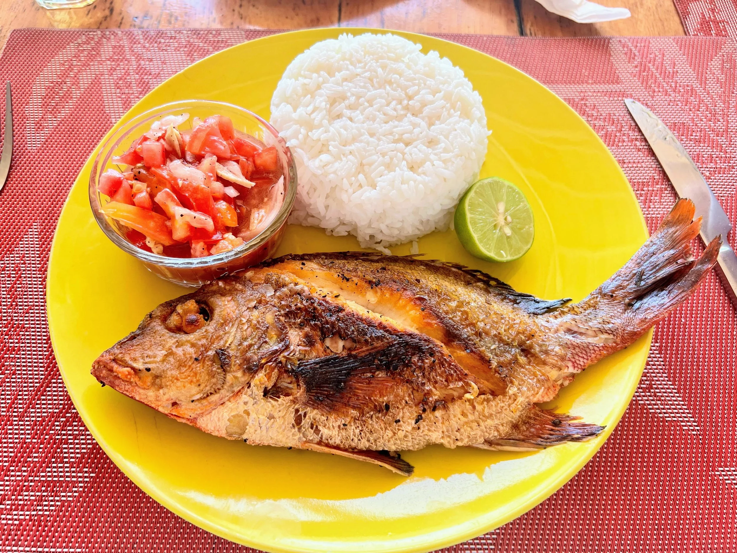 A delicious lunch in Toliara, Madagascar. I think the fish had just come out of the sea. Yum! November 2022. 