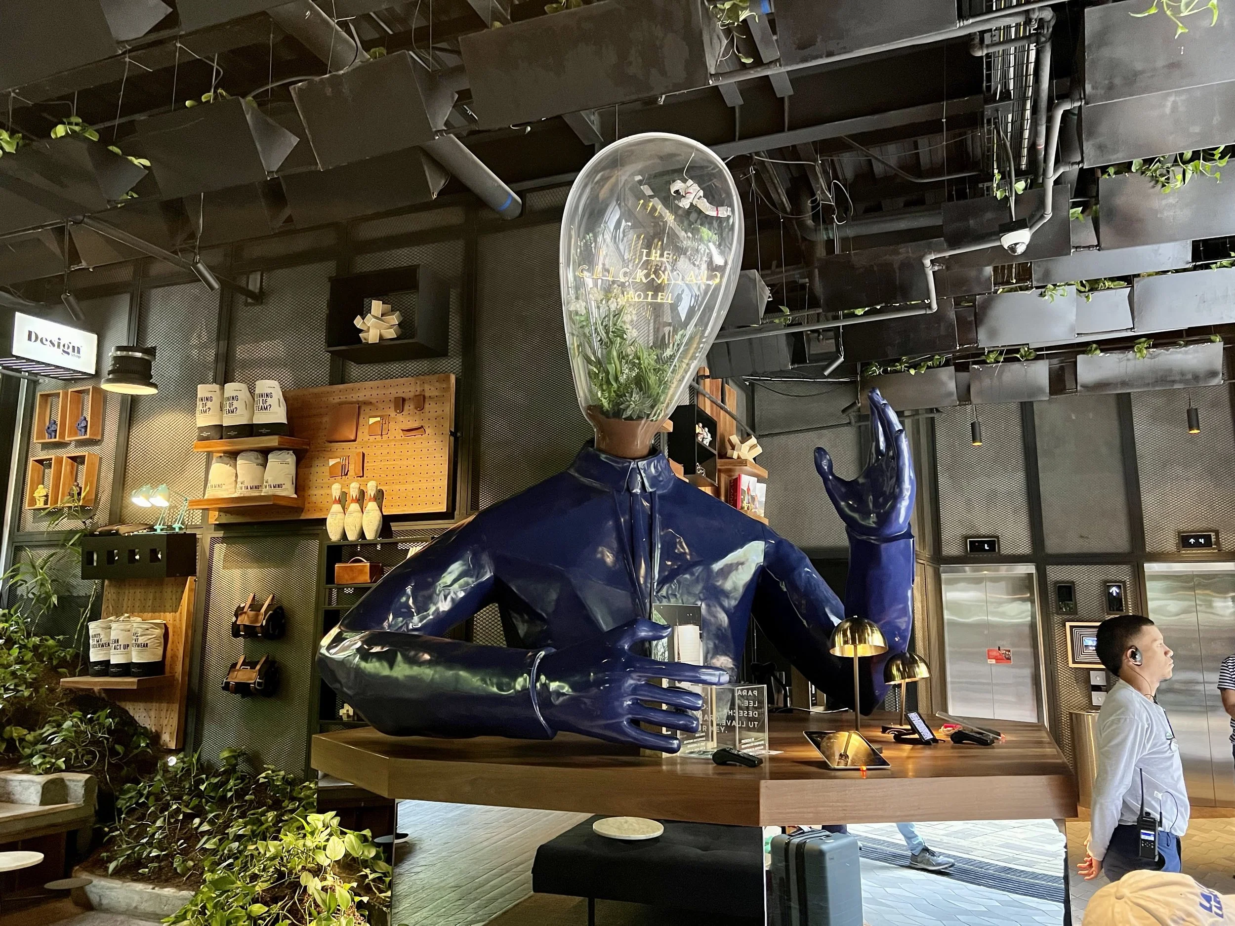 The lobby of the Click Clack Hotel in Medellín, Colombia. August 2022. 