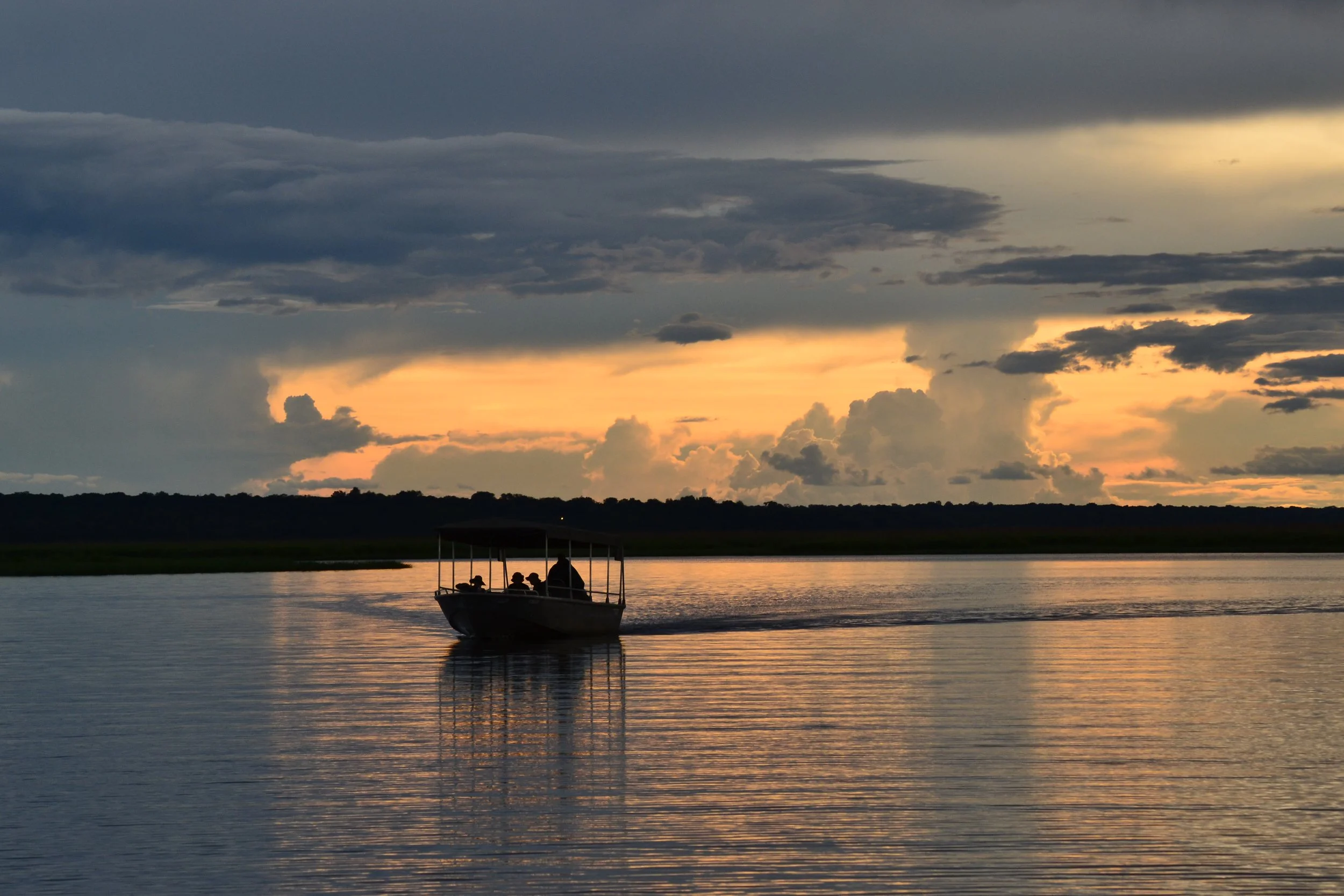 A boat at sunset on the Chobe River, Botswana. February 2026. 