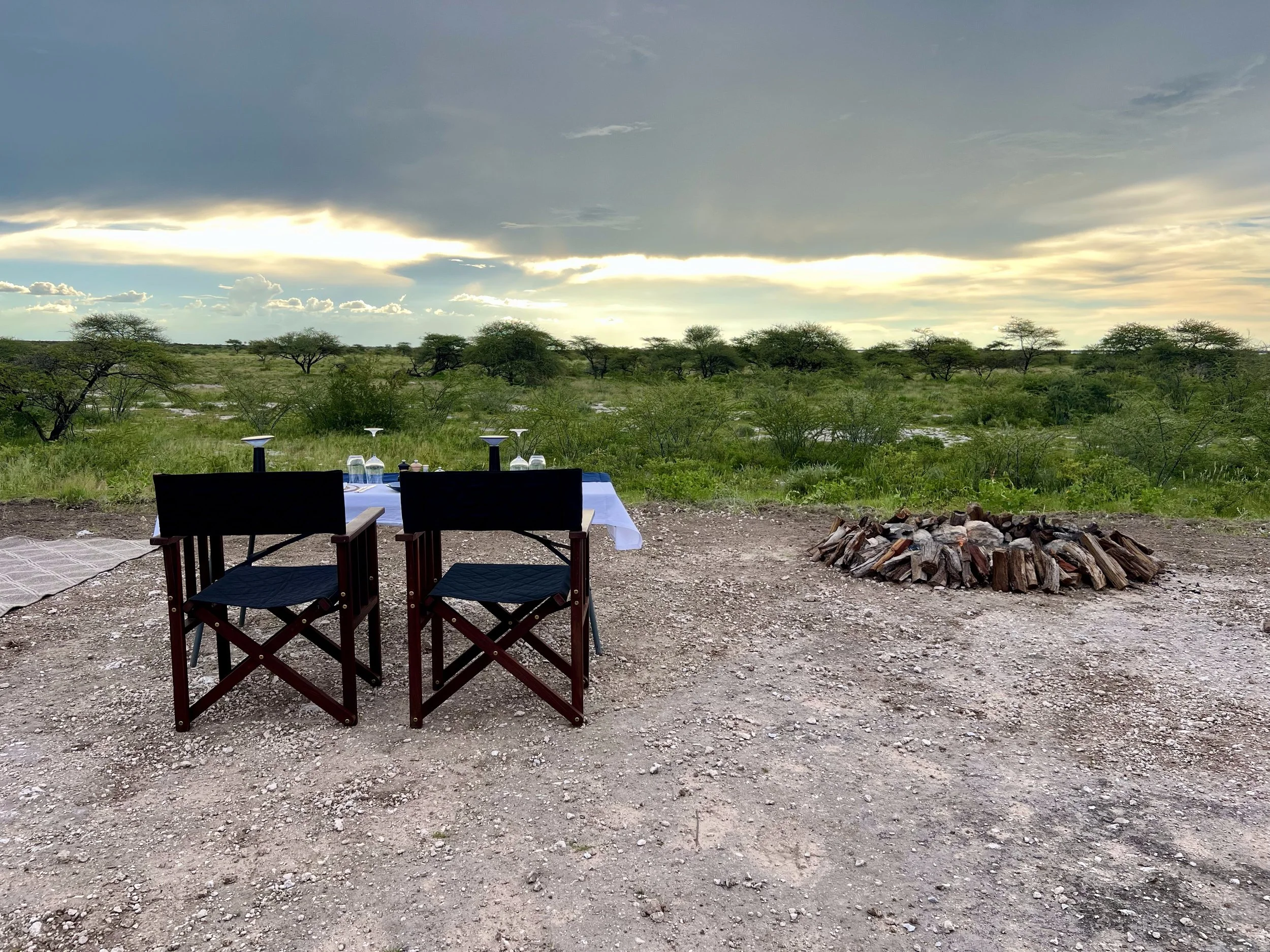 An unexpectedly marvelous bush dinner in Onguma Game Reserve, Namibia. As the sunset, we marveled at a lightening storm that seemed to surround, but not touch us (and no rain!). February 2026. 