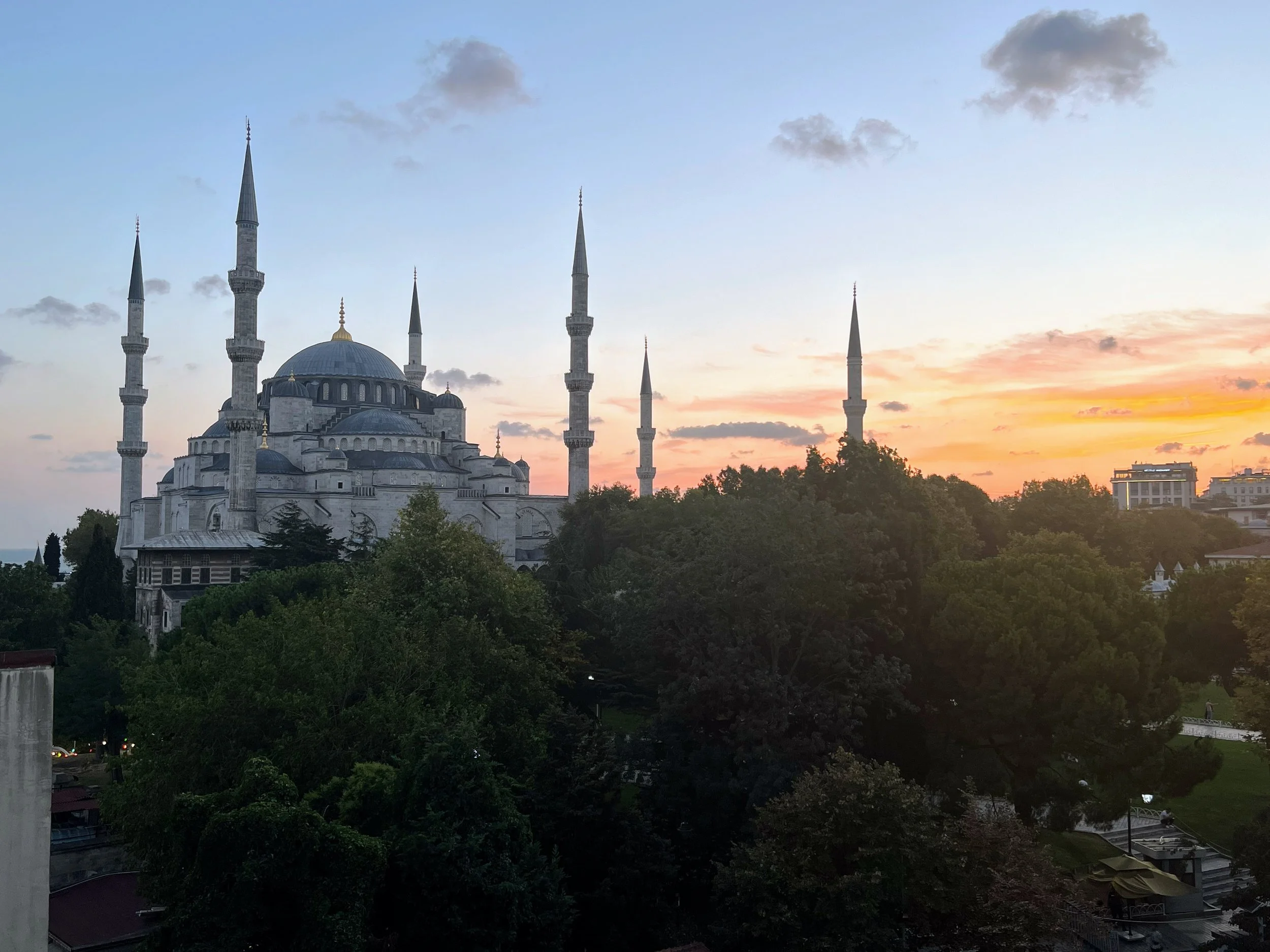 The Blue Mosque at sunset in Istanbul, Türkiye. August 2023. 