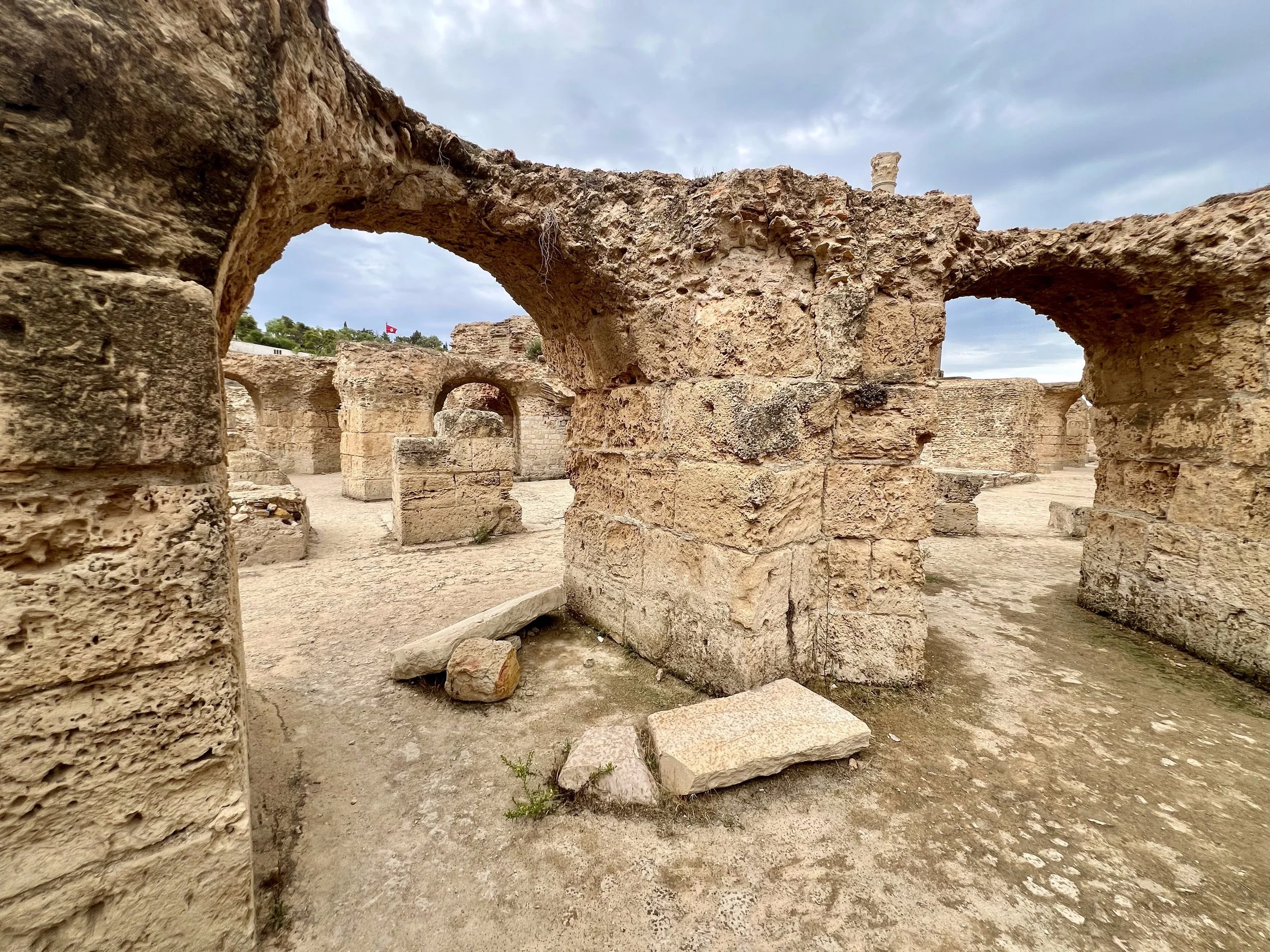 The remains of the Roman city of Carthage in Tunisia. It was built by the Phoenicians in about 800 BCE. The Romans conquered it around 150 BCE. These are ruins from their time. September 2024. 
