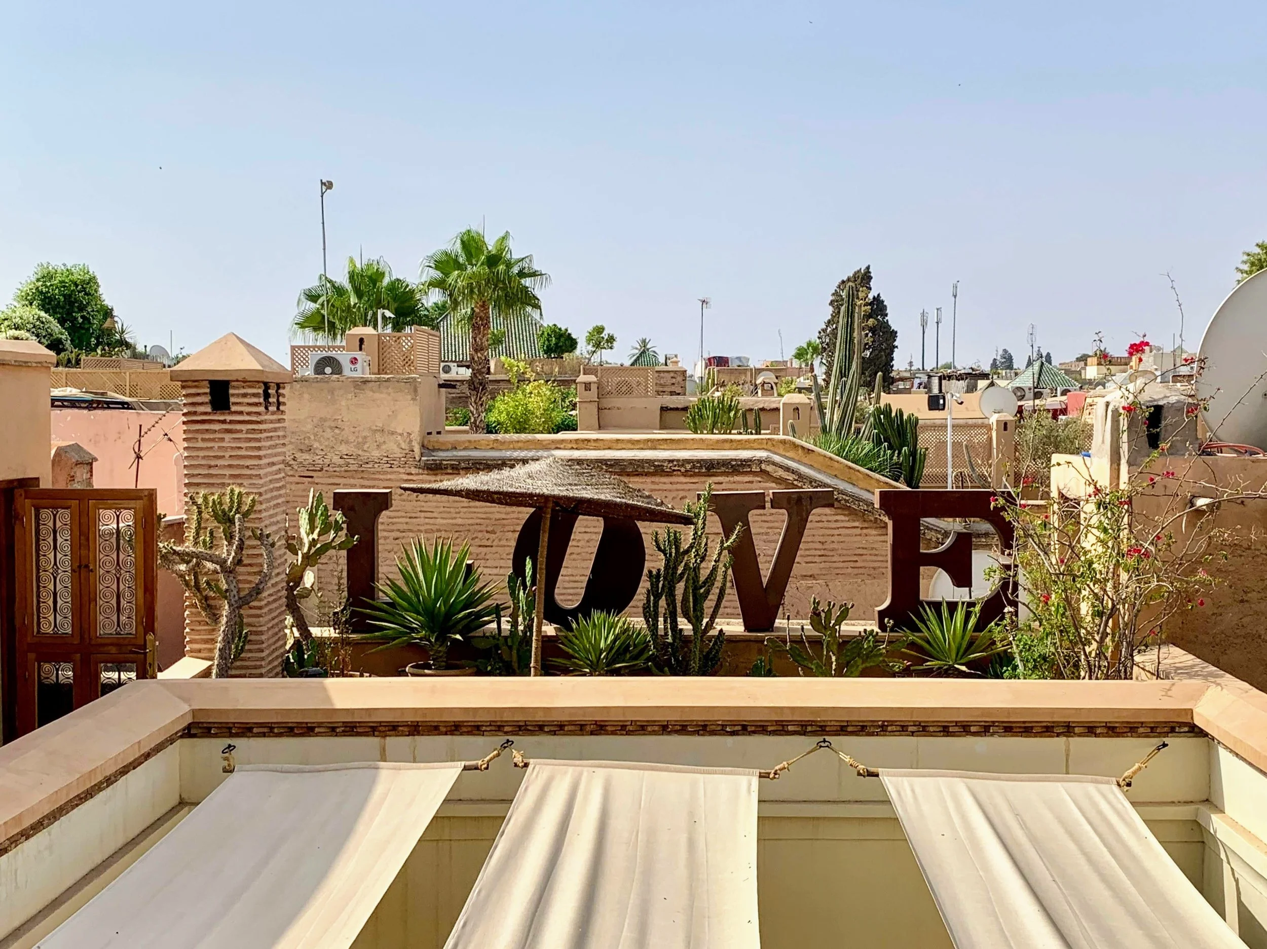 The rooftop of Ryad Dyor in Marrakech, Morocco. We spent some wonderful hours up there listening to the call to prayer, the sounds of the city and enjoying tasty food and wine. July 2019. 