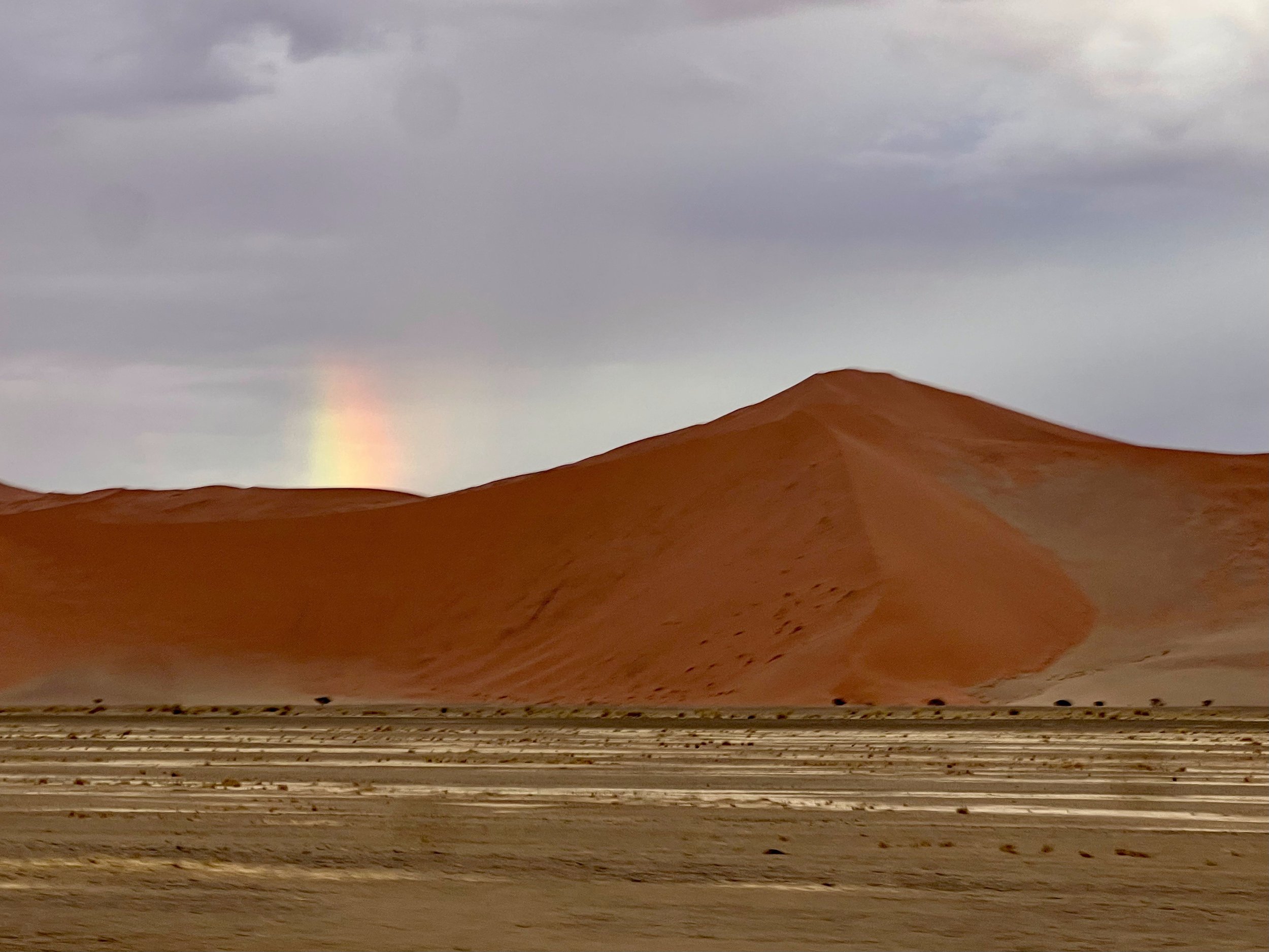 It was "rainy season" when we were in Namibia. I think that meant they got maybe .5 inches of rain in a month. It also meant we got rainbows. Near Sossusvlei, Namibia. February 2026.  