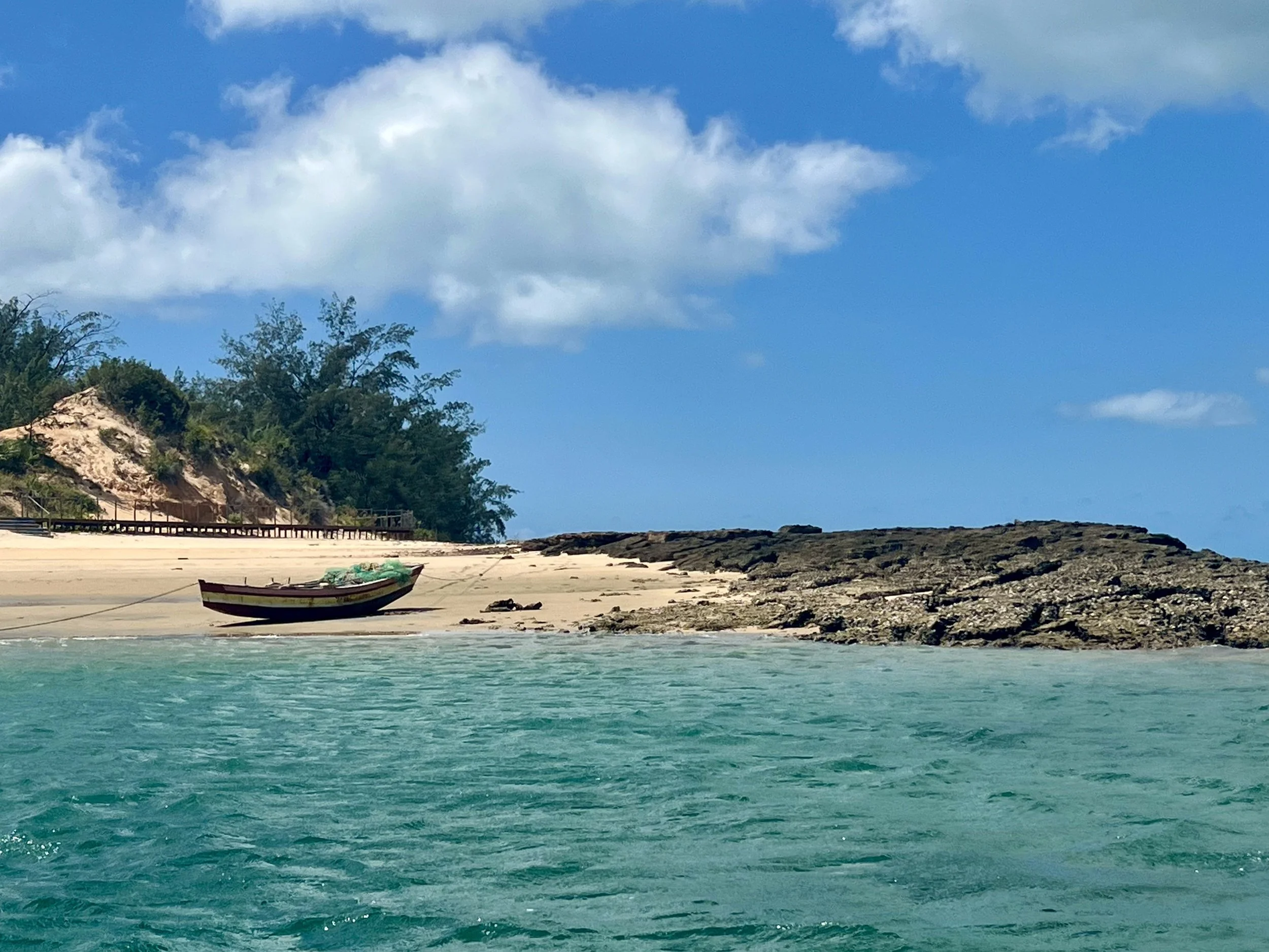 A fishing boat on the beach on Bazaruto Island in Bazaruto National Park, Mozambique. March 2026. 