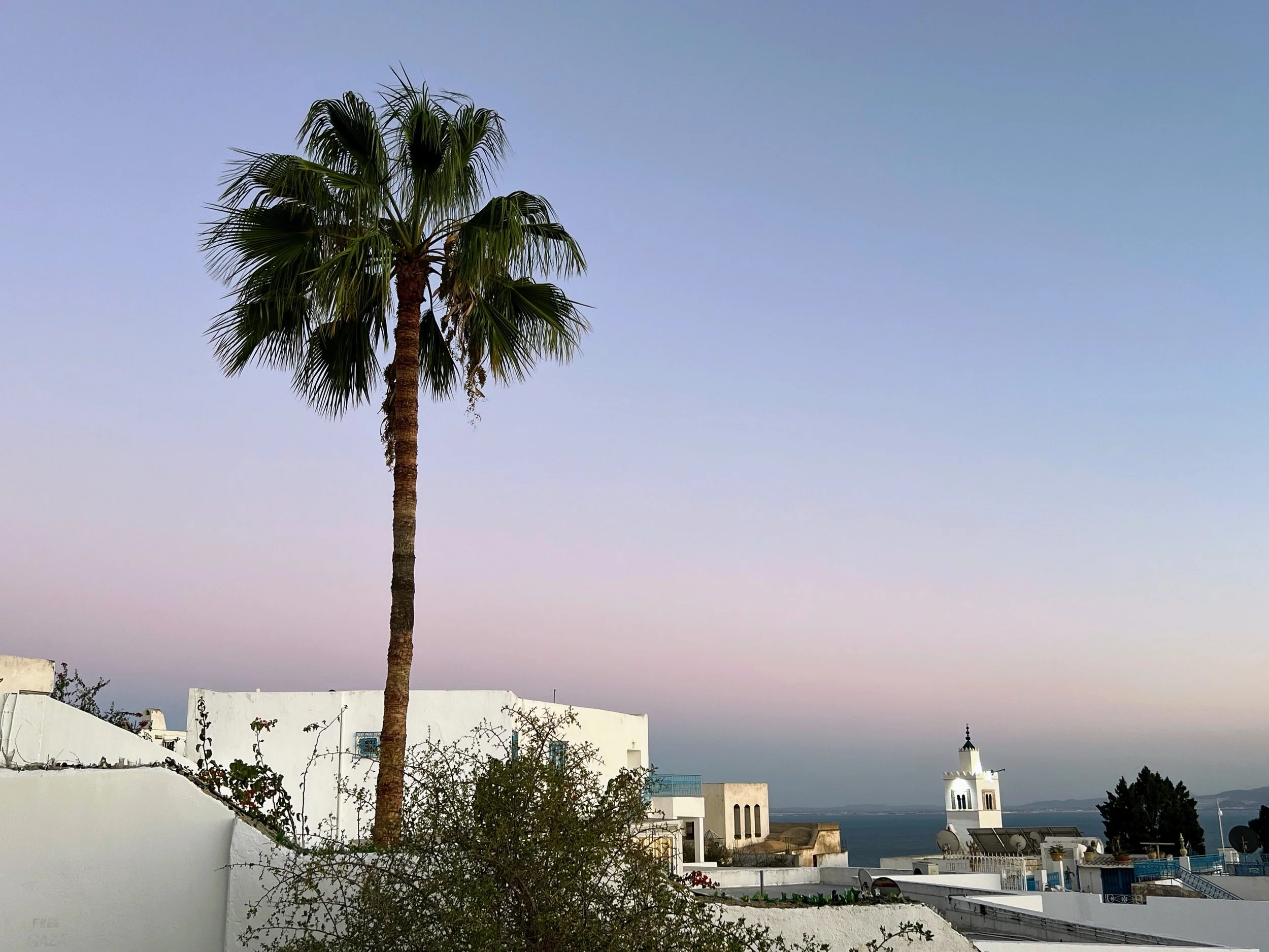 Sunset as the call to prayer sounded in Sidi Bou Said, Tunisia. September 2024. 