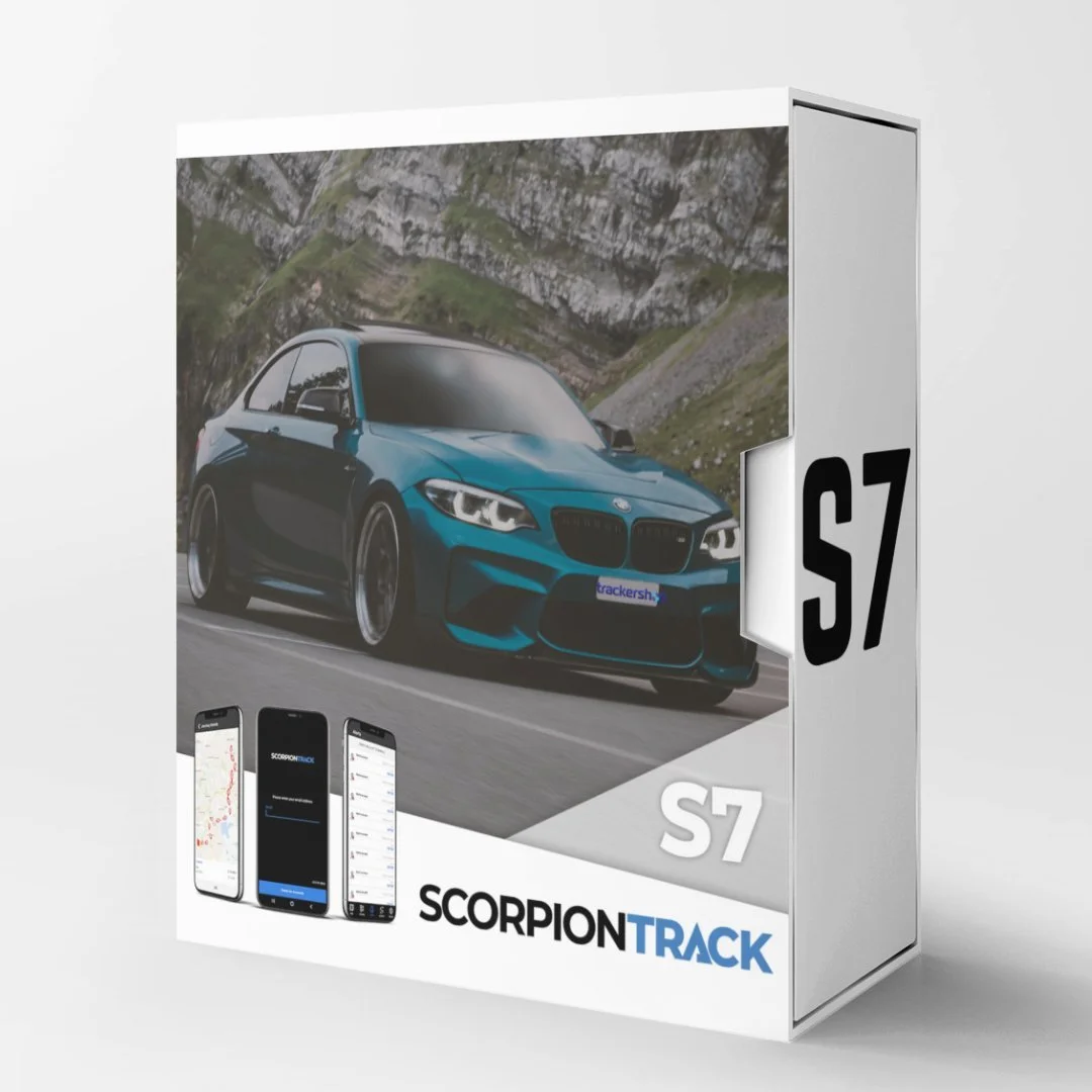 A product box for ScorpionTrack S7 showing a blue sports car on the front, with three smartphones displaying the app interface at the bottom.