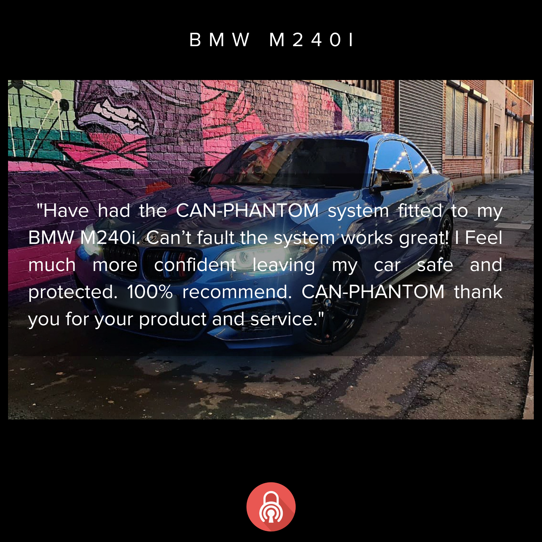 A blue BMW M240I parked on the street in front of graffiti-covered brick wall